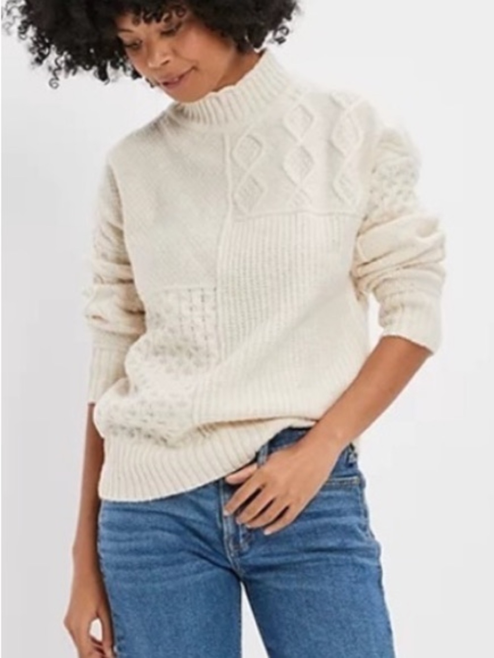 American Eagle Cable Knit Patchwork Mock Turtleneck Sweater Cream Relaxed Small